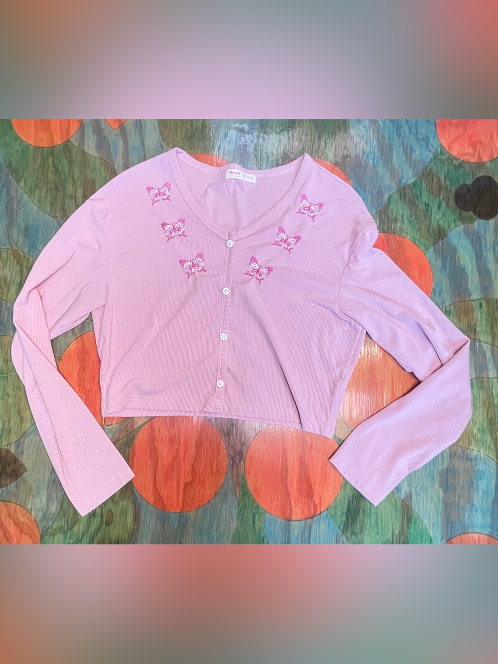 Romwe Cropped Cardigan Women's Medium Dainty Feminine Butterfly Barbie Pink